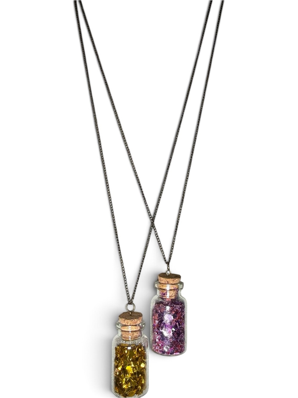 Handmade TWO Glass Bottle Pendant Necklaces Pink & Gold Glitter